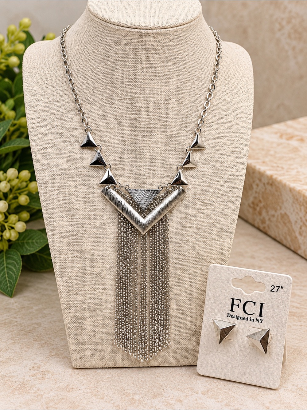 FCI Silver-Tone Geometric Fringe Necklace & Earring Set (AN4/Po)